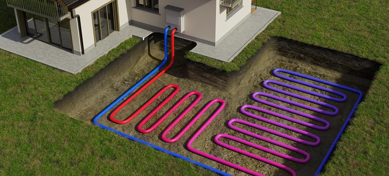Schema einer Wärmepumpe mit Flächenkollektor im Erdreich